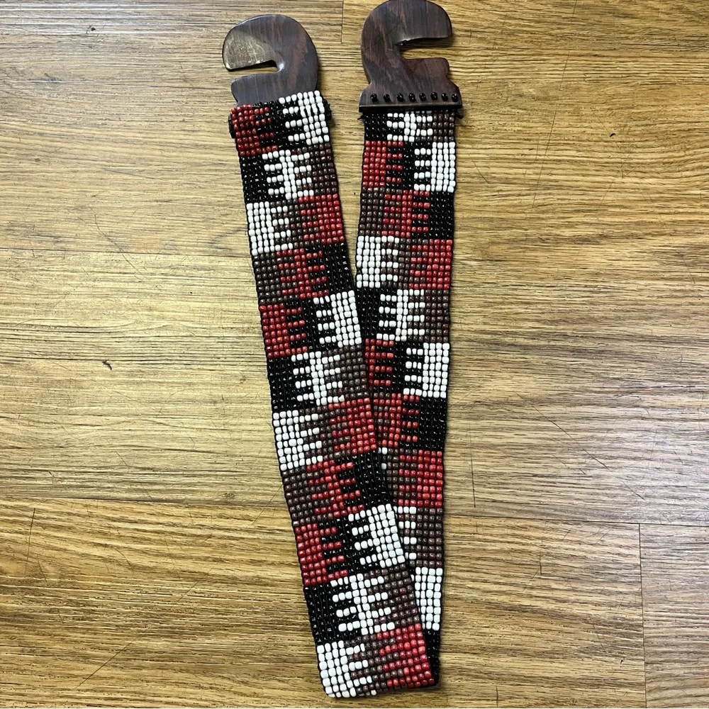 Boho Red Black Beaded Stretch Belt Wide Geometric Southwest Free People Festival